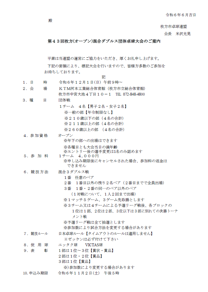 2024/12/01 第43回枚方（オープン）混合ダブルス団体卓球大会