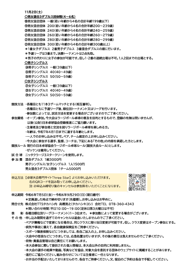 2024/11/01~02 第4回 ニッタク杯 全国オープン 神戸ラージボールフェスティバル