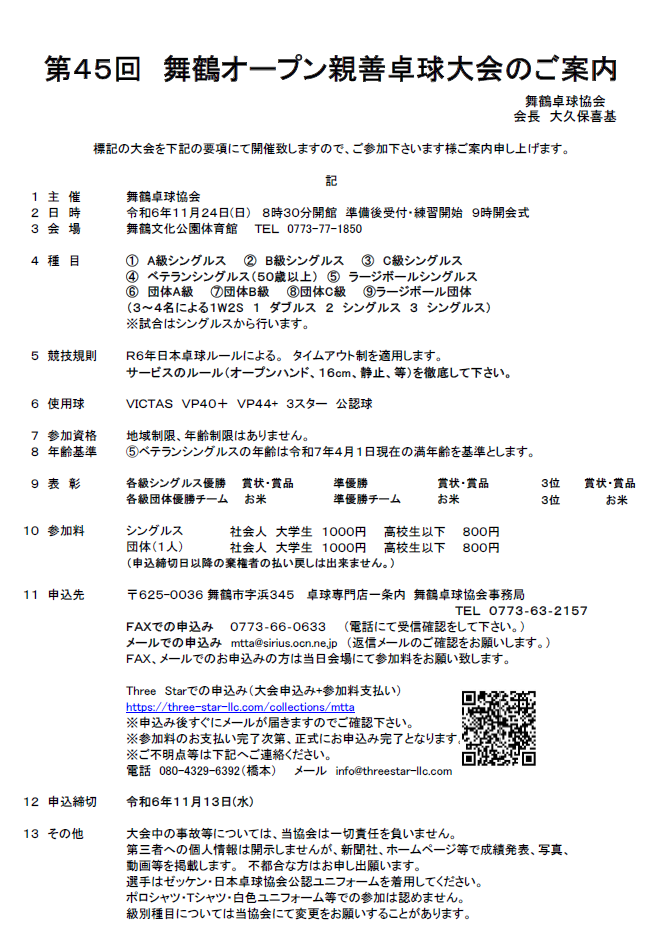 2024/11/24 第45回舞鶴オープン親善卓球大会 ＊日程変更