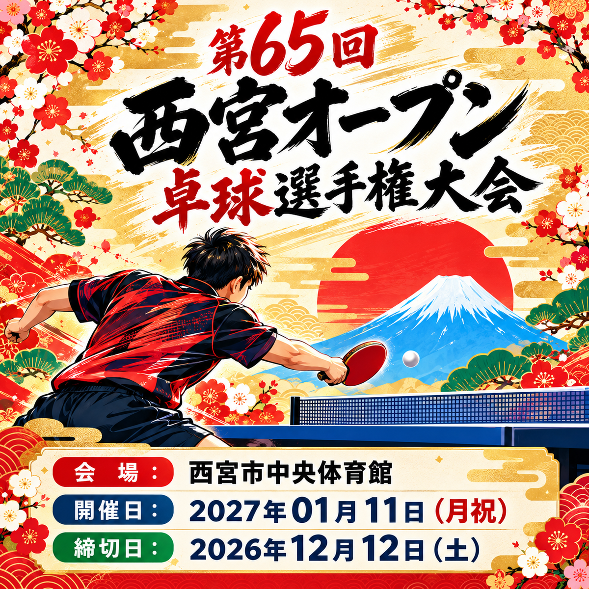 2027/01/11 第65回西宮オープン卓球選手権大会（協会登録不要）